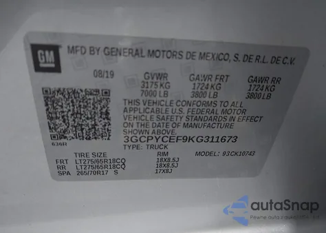 2019 Chevrolet Silverado 1500 Custom Trail Boss из США, поврежденный, VIN 3GCPYCEF9KG311673